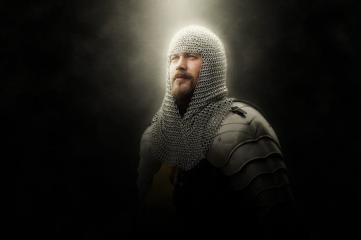 Cavaleiro, Armor, Chainmail, idade média, Historicamente, homem, cara
