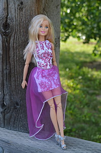 Barbie, docka, leksak, poserar, klänning, lila, kaukasiska