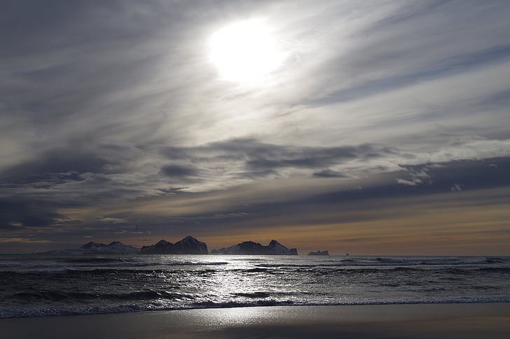Islândia, litoral sul, pôr do sol, céu, mar, scenics, tranquilidade