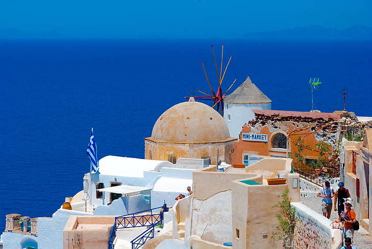 Graikija, Santorini, Saulė, šventės, debesys, dangus, kraštovaizdžio