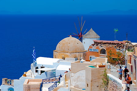 Grécia, Santorini, o sol, feriados, nuvens, céu, paisagem