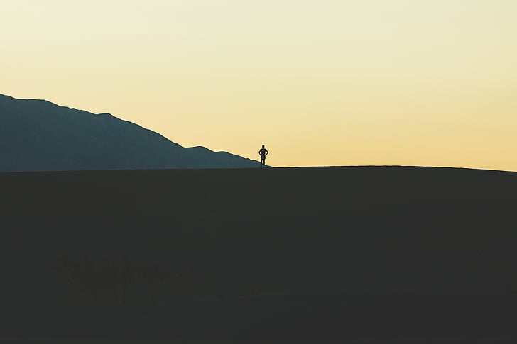 silhouette, man, hill, nature, landscape, mountains, slope