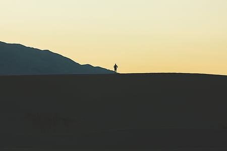 silhouette, man, hill, nature, landscape, mountains, slope