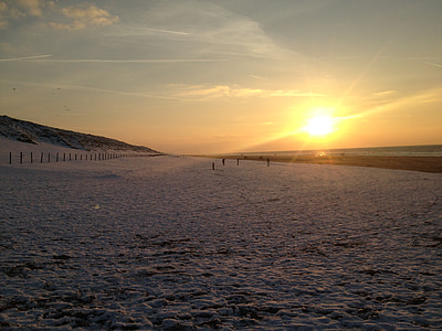 zalazak sunca, nizozemski, plaža, Nizozemska, snijeg