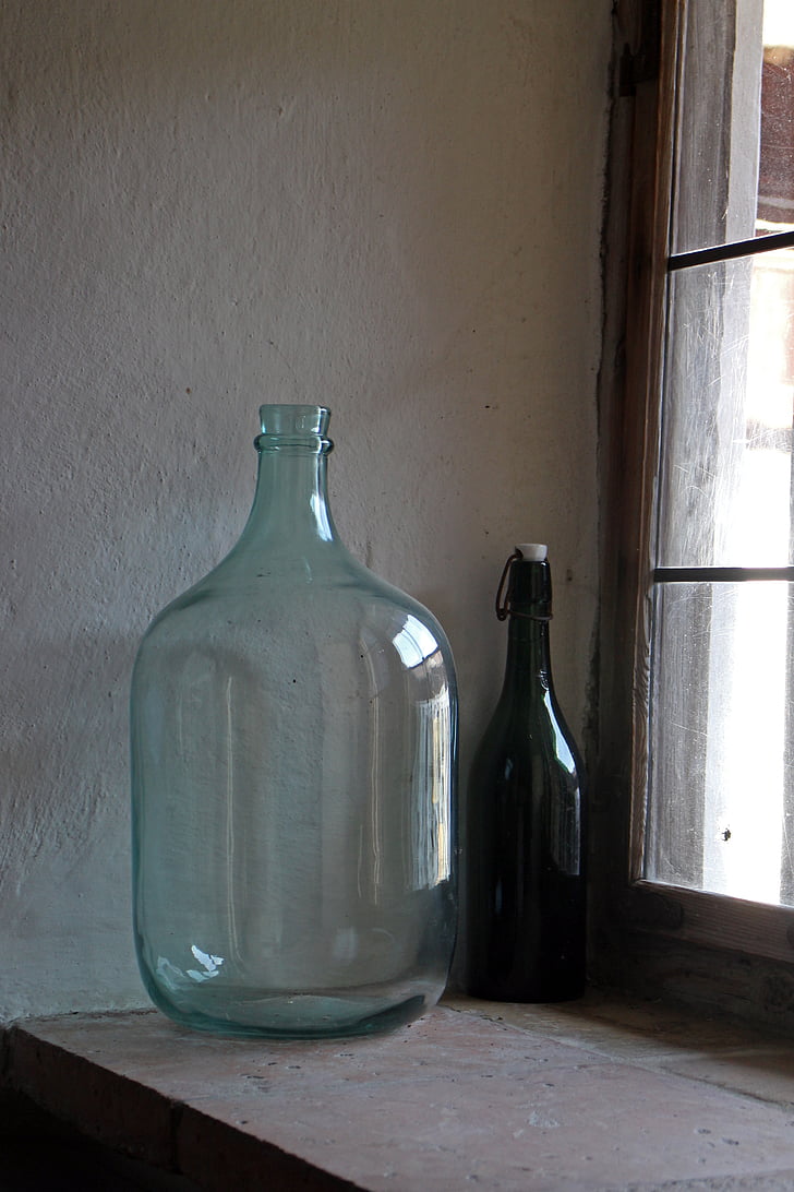bottle, glass bottle, large, window sill, wine bottle, deco, old