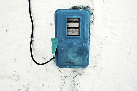energia hidráulica, medidor de, eletricidade, azul, caixa, fio, parede