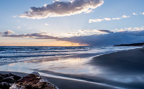 solnedgång, Cabopino, mijas costa, Malaga, Andalusien, stranden, Rocks
