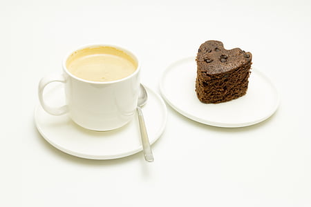 breakfast, coffee with milk, sponge cake, chocolate, heart, cup, cafe