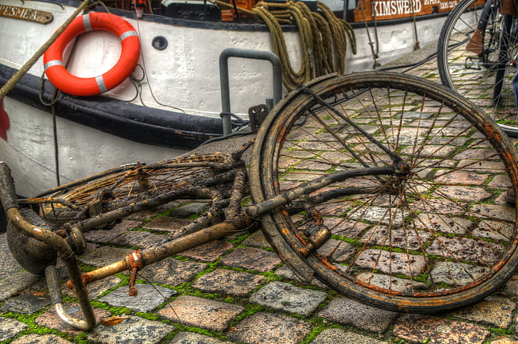 自転車, 運河, フローニンゲン, ストリート シーン, 町, センター, 難破船