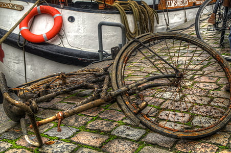 bicicleta, canal, Groningen, escena de la calle, ciudad, Centro, restos del naufragio
