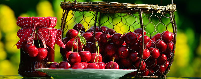 cherries, cherry harvest, fruits, sweet cherry, basket, plate, ripe