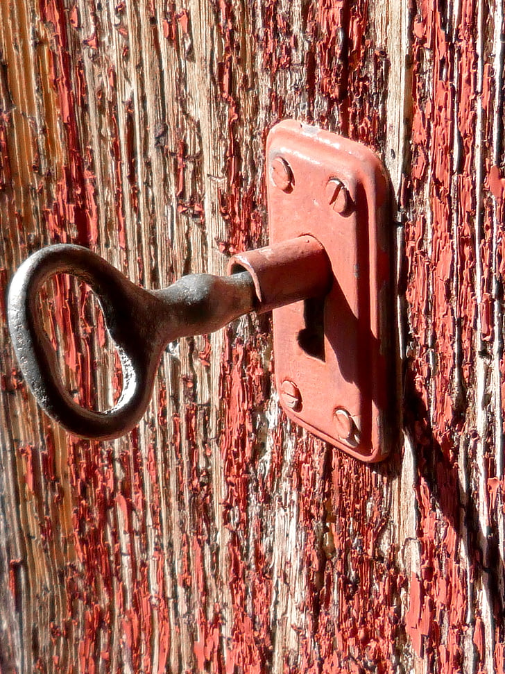 ключ, заключване, селски, вратата, червен, стар, дърво - материал