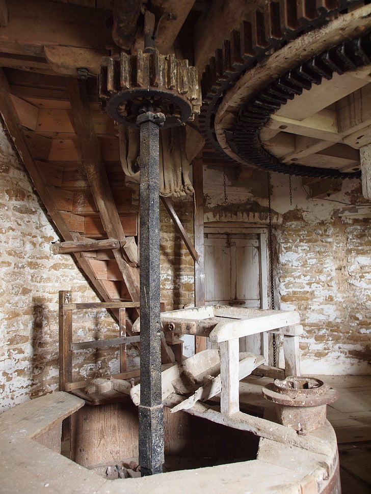 windmill, mill, wood, machinery, cogs, grinding, milling