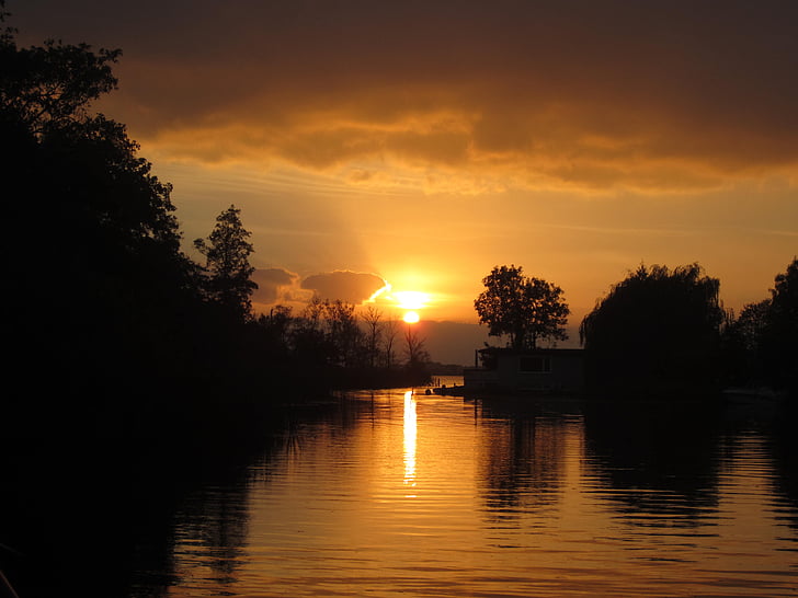 νερό, ηλιοβασίλεμα, δέντρα, Loosdrecht