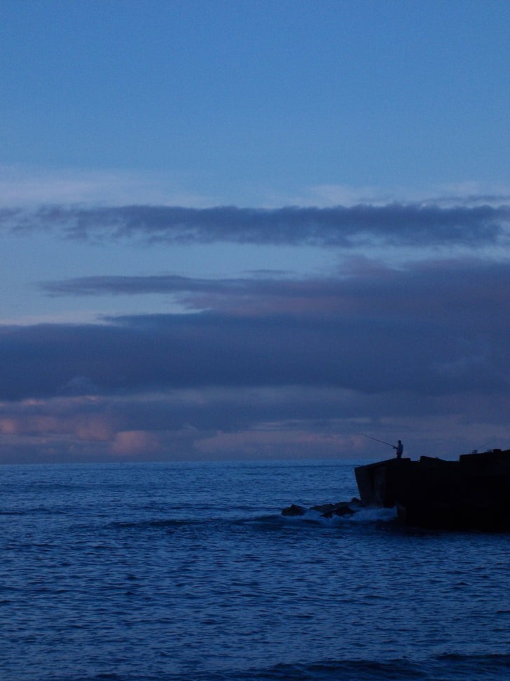 albastru, mare, Tenerife, pescar, peisaj, seara, abendstimmung