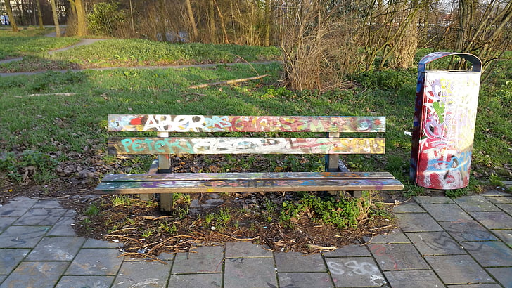 bank, bench, prague, graffiti, wooden bench
