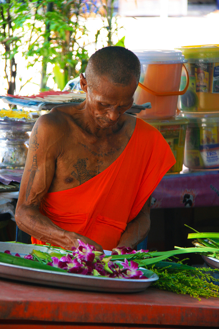mnich, oranžová, Laos, Buddhismus, náboženství, kultura, buddhistický