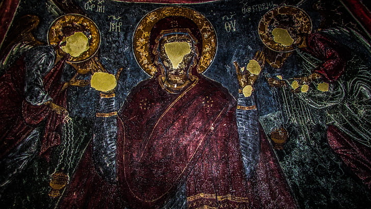 cyprus, ayios sozomenos, iconography, vandalized, panagia, virgin mary, church