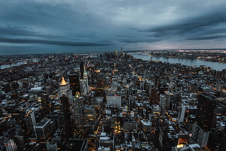 New york city, stedelijke, stadsgezicht, zonsondergang, schemering, Hudson river, wolkenkrabbers