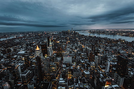 Grad New york, urbane, Gradski pejzaž, zalazak sunca, sumrak, rijeke Hudson, nebodera