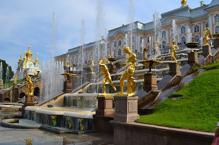 peterhof, russia, petrodvorets, palace, park, fountains, large waterfall