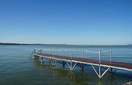 Lago, Balaton, cais, ponte, ponte pedonal, água, azul