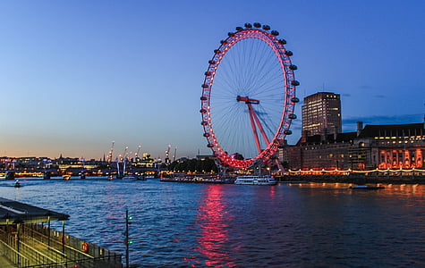 london eye, ferris wheel, night, evening, abendstimmung, river thames, reflection