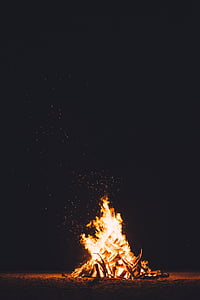 bonfire, burning, dark, fire, flame, heat, night