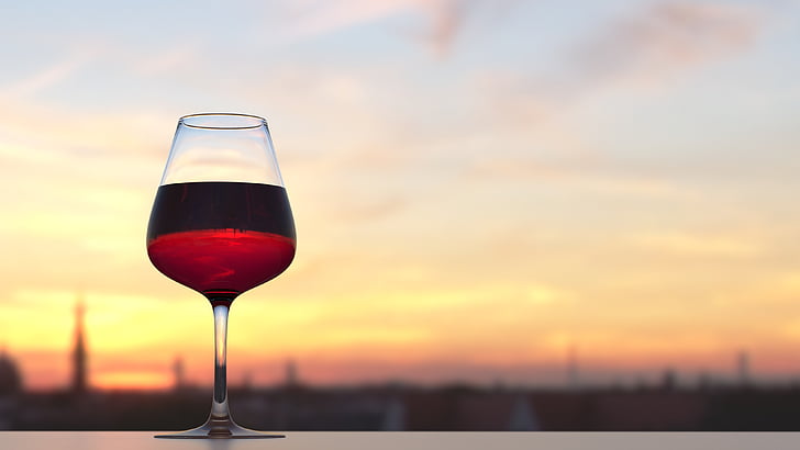 wijn, zonsondergang, zomer, drankje, alcohol, glas, rood