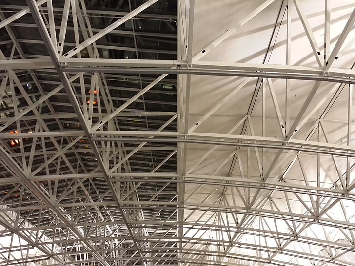 roof linkage, metal rods, scaffold, airport, frankfurt, main