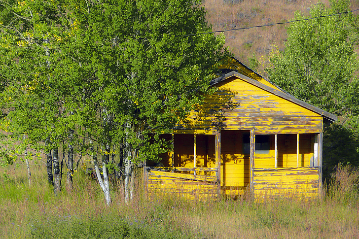 yellow, wooden shed, building, landscape, chilcotin, cariboo, british columbia