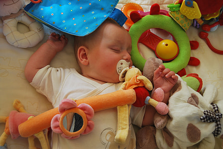 子, 睡眠, 赤ちゃん, おもちゃ, おしゃぶり, 小さな, かわいい