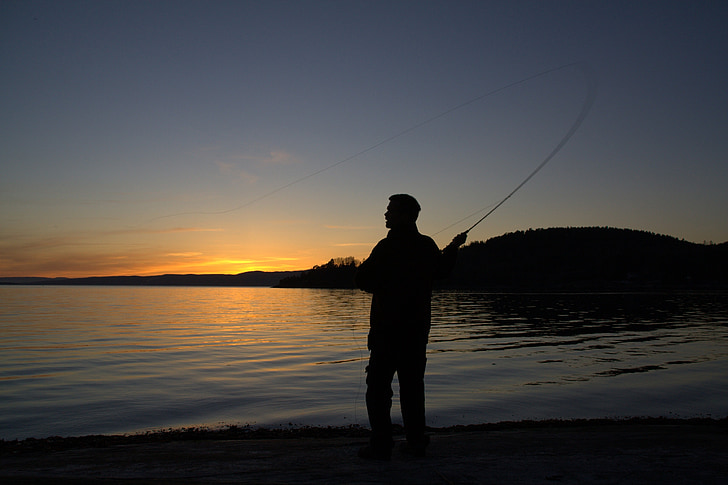 solnedgang, fiske, en, silhuett, Norge