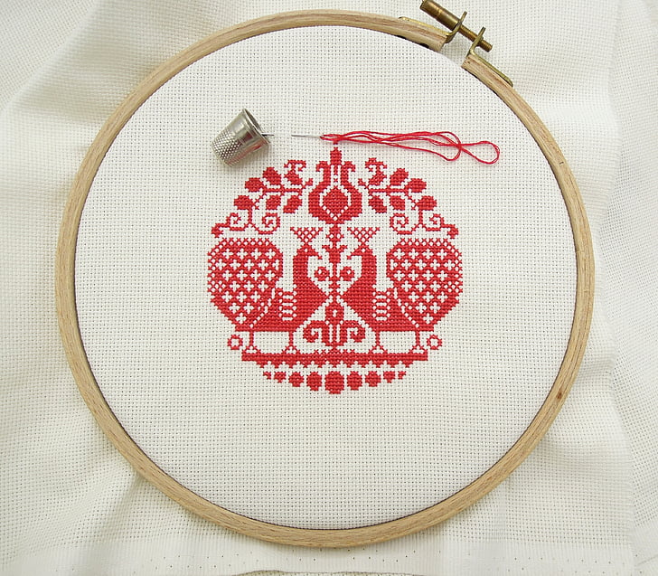 cross stitch, embroidery, red, manual work, bird, love, text