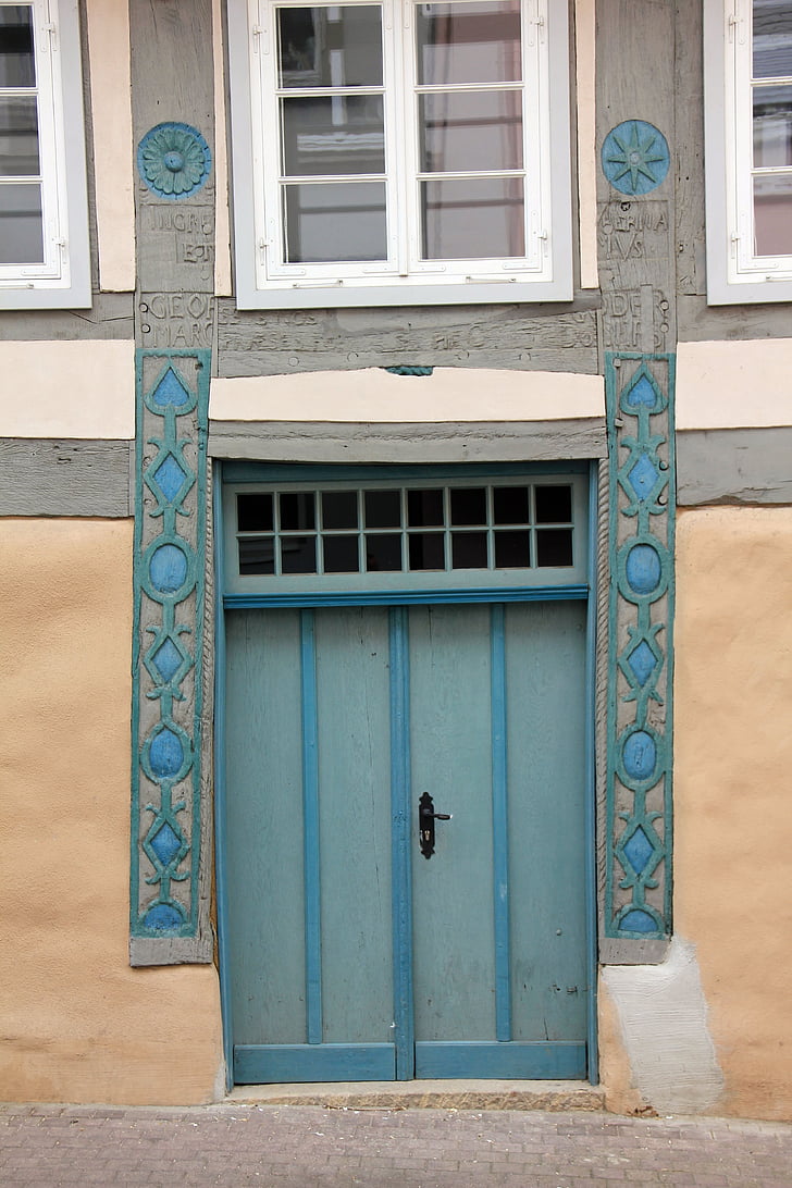 Inicio, edificio, truss, puerta, azul
