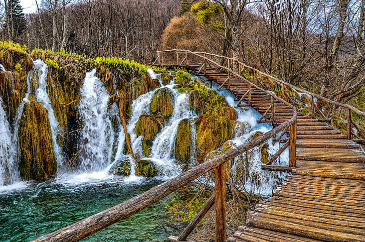 Plitvice, Taman Nasional, air terjun, alam, air, Kecantikan di alam, kayu - bahan