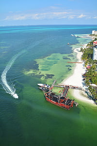 Cancun, panoramisch, boot, zee, dag, water, hoge hoekmening