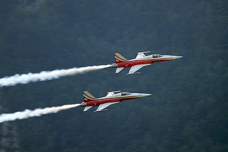 two, white, red, jet, sky, planes, jet aircraft