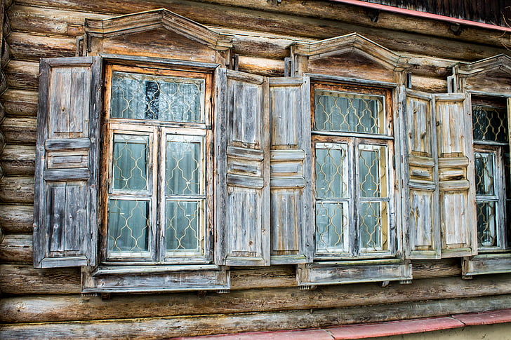 fenêtre de, vieux, bois, maison, volets roulants, MIC, sculpture Abramtsevo