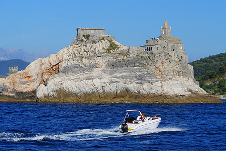 boat, sea, porto venere, cliff, rocks, castle, church