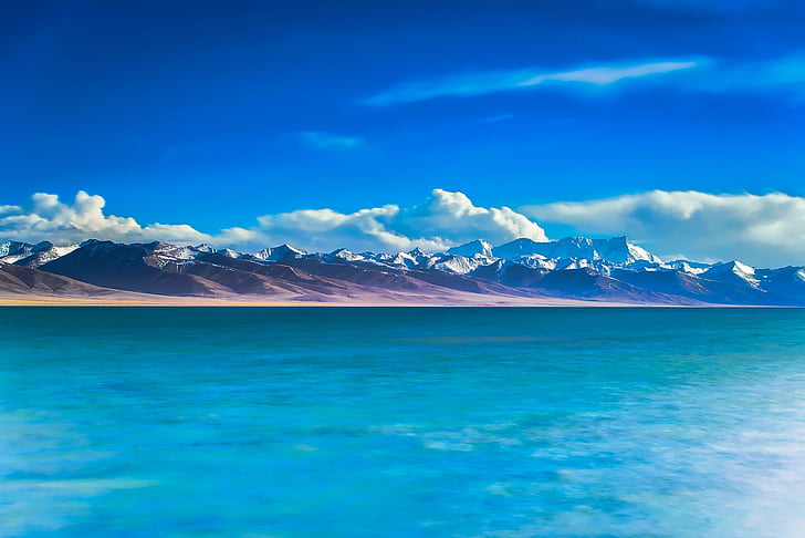 Xina, muntanyes, neu, cel, núvols, paisatge, escèniques