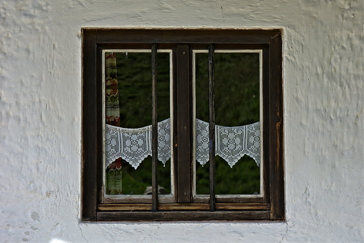 janela, velho, janelas de madeira, cortinas, grade, fachada, Casa