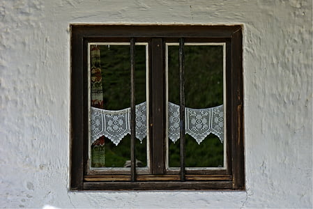 okno, stari, lesena okna, zavese, mreža, fasada, domov