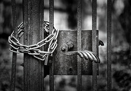 black and white, castle, closed, chain, metal gate, door handle, goal