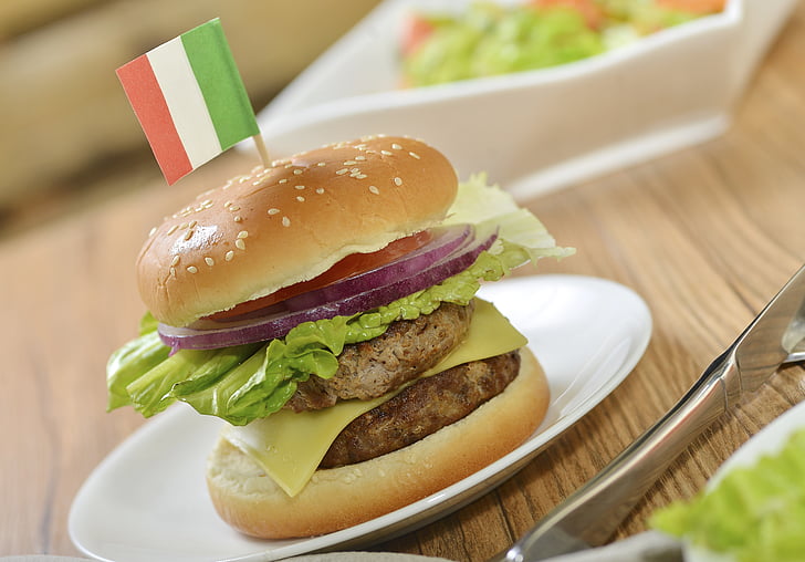 élelmiszer-fotózás, dupla marha burger, Olaszország, Hamburg