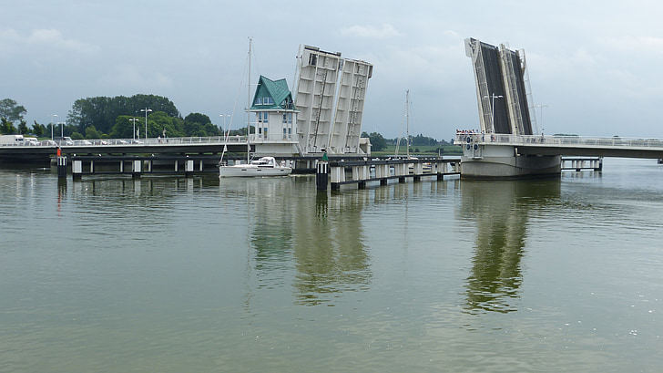 híd, Kappeln, Mecklenburg, közúti híd, bascule híd, Schlei, forgalom