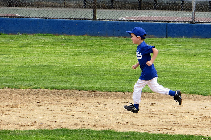 Little league, baseball, gutt, liten, grønn, blå, kjører