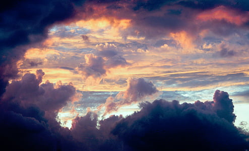Natura, chmury, niebo, kolorowe, Puszyste, zachód słońca, Chmura - Niebo
