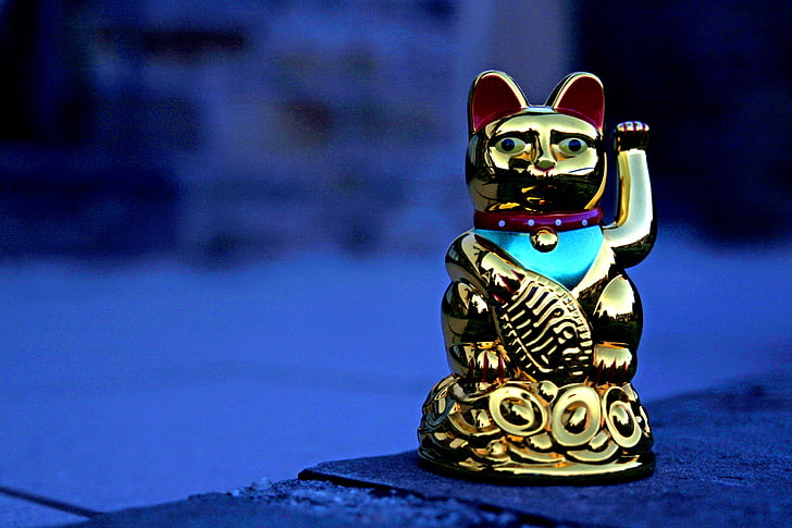 maneki neko, mávající kočka, manekineko, vlna, talisman pro štěstí, Japonština, kočka