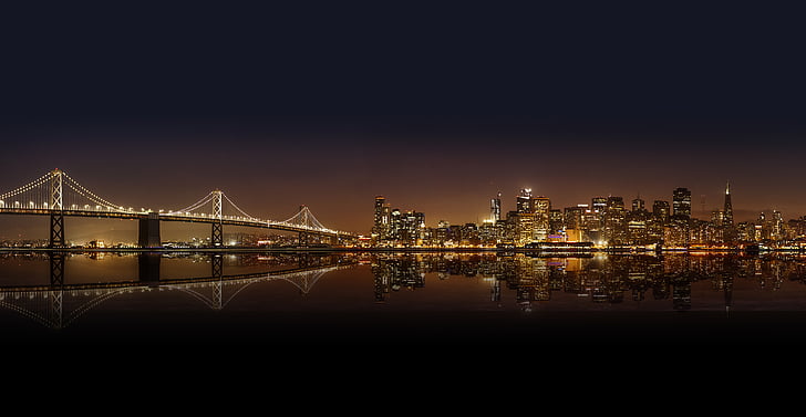 panoramic, photography, lighted, bridge, buildings, reflecting, water